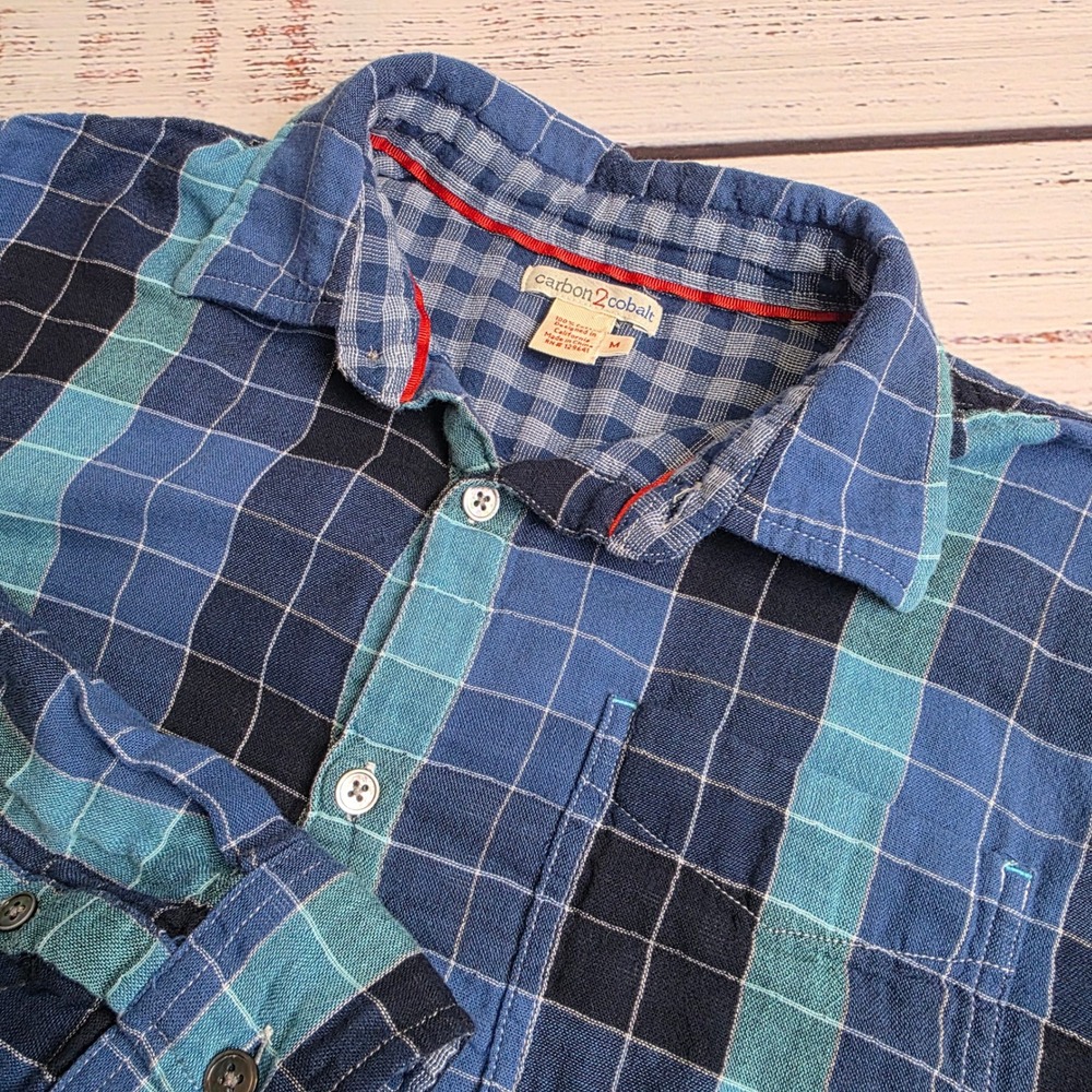 Carbon 2 Cobalt Mens Blue Teal Plaid Double Cloth Button Up Shirt Medium 133073